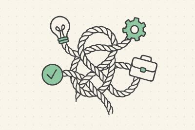 “Tangled work” – Knot of rope entwining common-pitfall icons, teal on icons