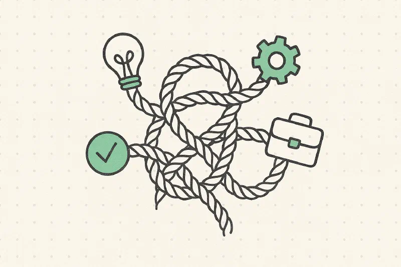 “Tangled work” – Knot of rope entwining common-pitfall icons, teal on icons
