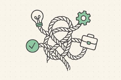 “Tangled work” – Knot of rope entwining common-pitfall icons, teal on icons