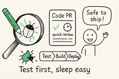 Features a magnifying glass, bug, code PR card, quick review, “Safe to ship!” speech bubble, and the caption “Test first, sleep easy.”