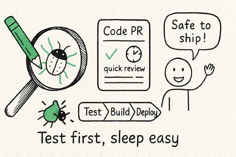Features a magnifying glass, bug, code PR card, quick review, “Safe to ship!” speech bubble, and the caption “Test first, sleep easy.”