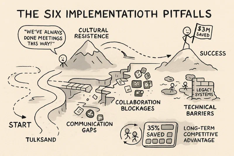 A hand-drawn “journey map” showing a path from “Start” to “Success” with six obstacles
