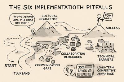 A hand-drawn “journey map” showing a path from “Start” to “Success” with six obstacles