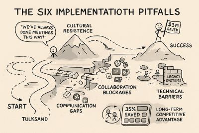 A hand-drawn “journey map” showing a path from “Start” to “Success” with six obstacles