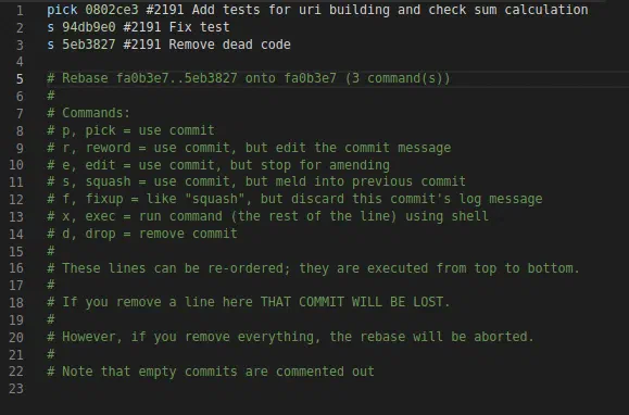 Git interactive rebase list with pick and squash lines and a commands legend