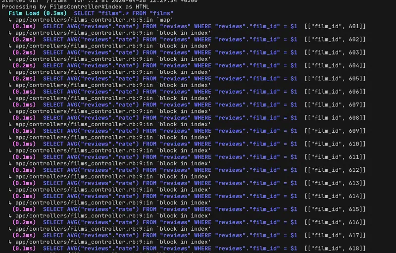 Rails log showing one average-rating SQL query per film, repeated for each film id