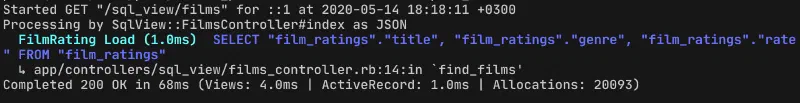Rails log showing a single query on film_ratings that completes in 68ms
