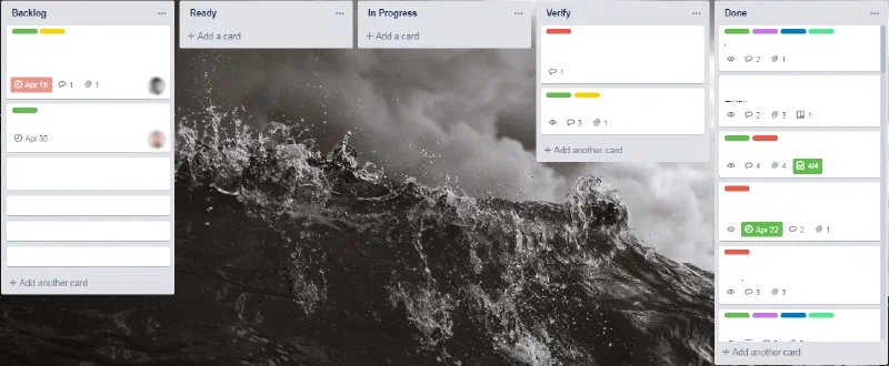 Trello board with Backlog, Ready, In Progress, Verify and Done lists over a photo of a crashing wave