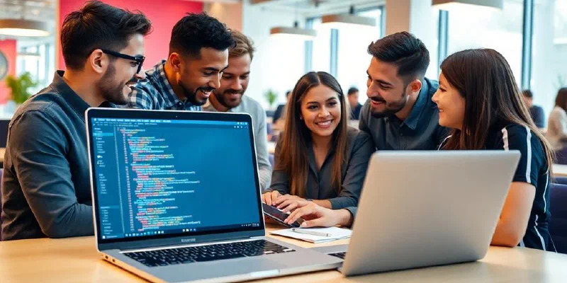 Diverse developers collaborating in a modern office setting.