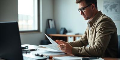 Confident professional analyzing technical documents at a desk.