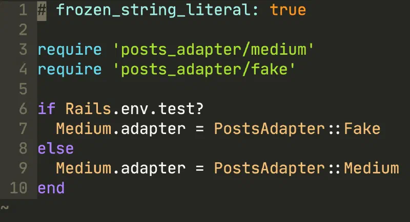 Ruby code picking a fake posts adapter in the test environment, otherwise a Medium adapter