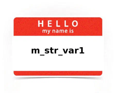 Name tag reading Hello my name is m_str_var1