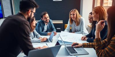 Diverse professionals collaborating in a startup meeting.