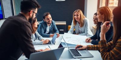 Diverse professionals collaborating in a startup meeting.