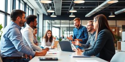 Team collaborating in a modern office setting.