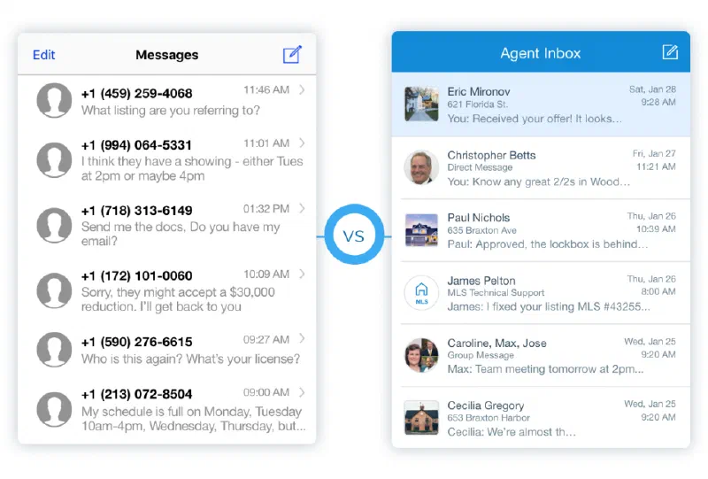 Phone text thread with unknown numbers beside an Agent Inbox of named contacts
