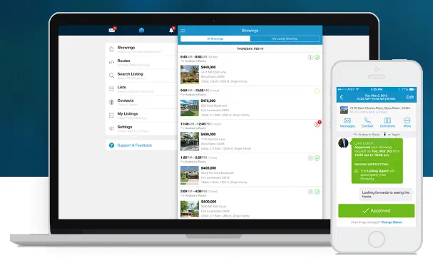 Laptop and phone screens showing a list of home showings and an approved showing request