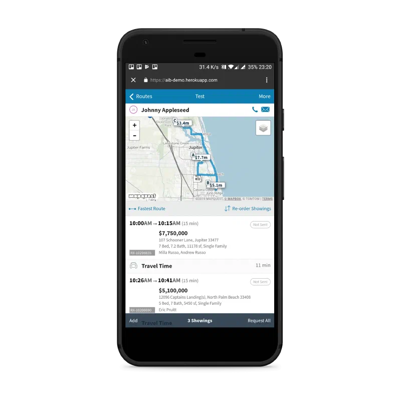 Phone screen with a map route and three scheduled home showings