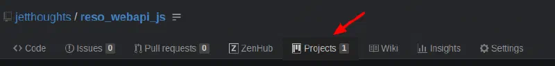 GitHub repository tab bar for reso_webapi_js with an arrow pointing at the Projects tab