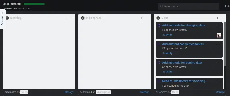 GitHub project board with Backlog, In Progress and Done columns listing issue cards