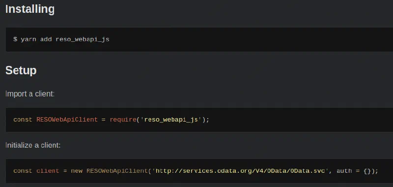 README sections Installing and Setup with yarn add and client initialization code