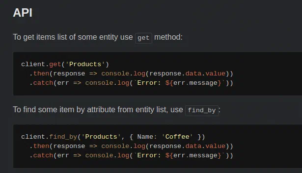 README API section showing get and find_by calls on a client