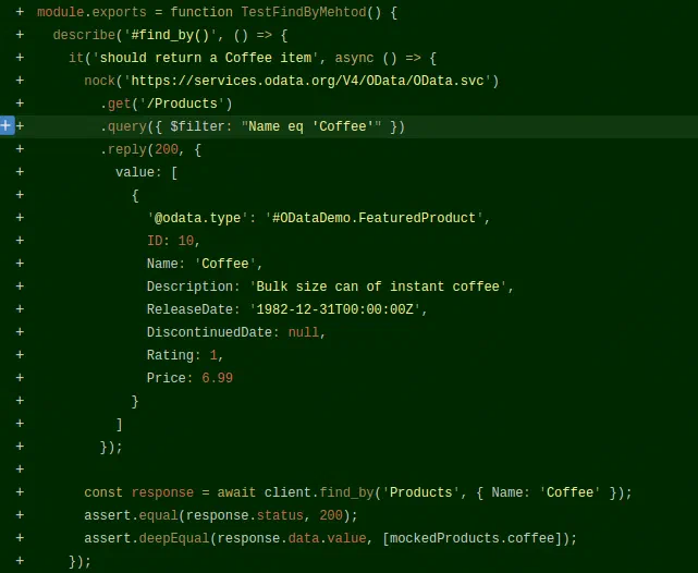 Code diff of a test for the find_by method that mocks a Coffee product response