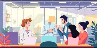 Illustration of startup recruiters collaborating with diverse candidates.