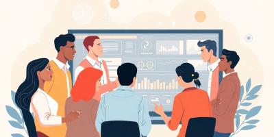 Diverse recruiters analyzing data on a digital screen together.