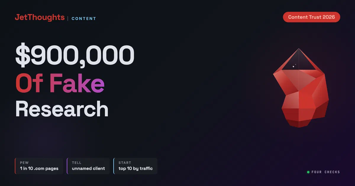 Obsidian-dark cover reading $900,000 Of Fake Research, with a faceted ruby gem and three chips: Pew 1 in 10 .com pages, the tell is an unnamed client, start with your top 10 by traffic
