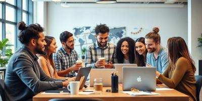 Diverse tech team collaborating in a modern workspace.