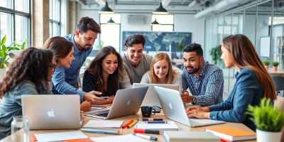 Team of professionals collaborating in a tech startup office.