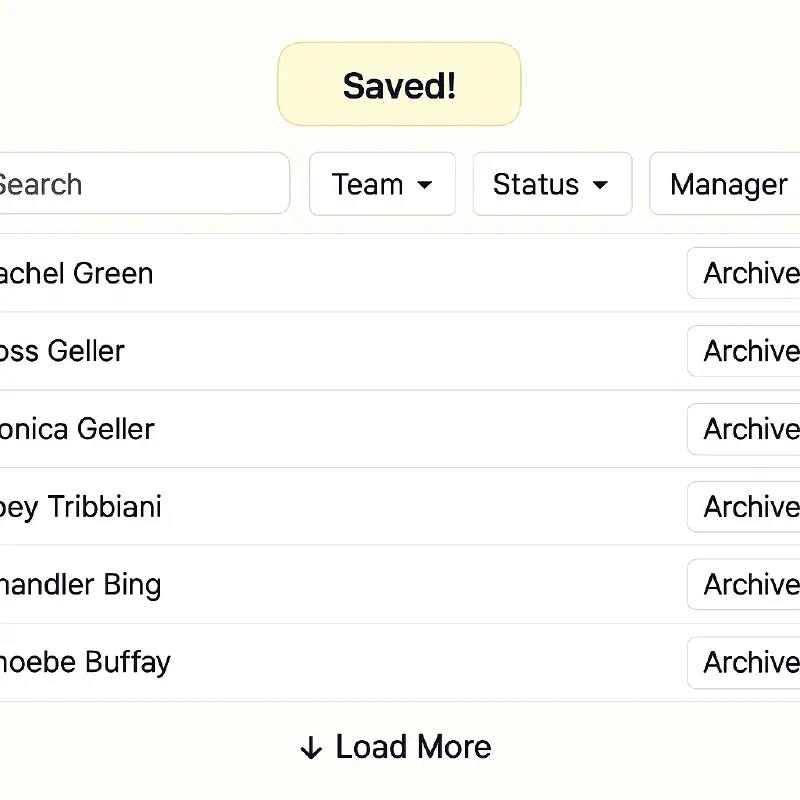 Example list of employees page with table, filters, search