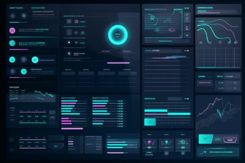 Dark dashboard interface with charts, progress bars and a glowing ring