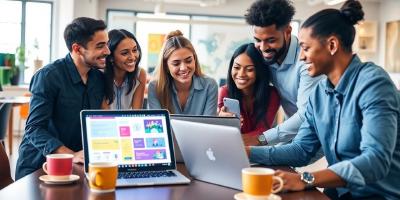 Diverse team collaborating in a modern creative workspace.