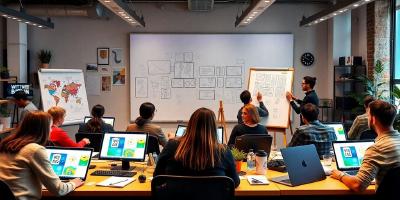 Collaborative workspace with designers and colorful laptops.