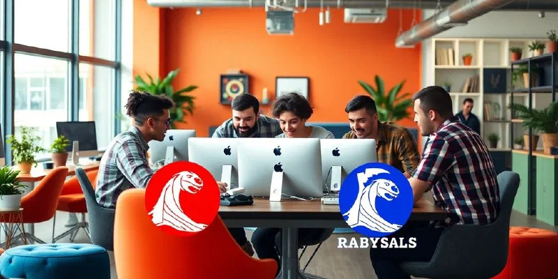 Startup team collaborating in a modern office environment.