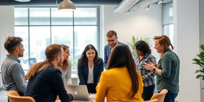 Diverse team collaborating in a modern office setting.