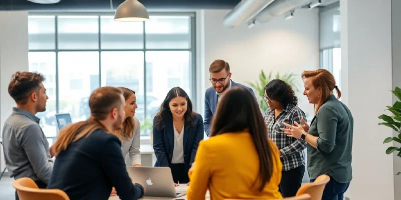 Diverse team collaborating in a modern office setting.