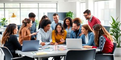 Diverse team collaborating in a vibrant office space.