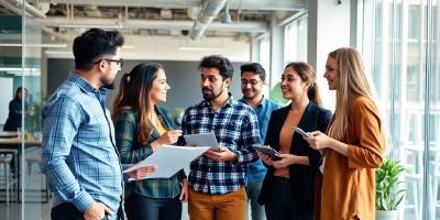 Diverse startup team collaborating in a modern office.