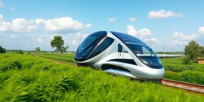 Futuristic train in a green landscape with solar panels.