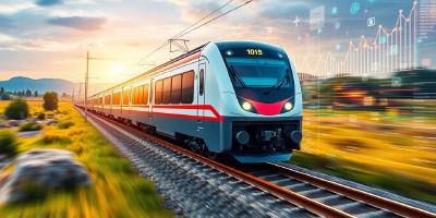 Modern train in motion with vibrant colors and scenery.