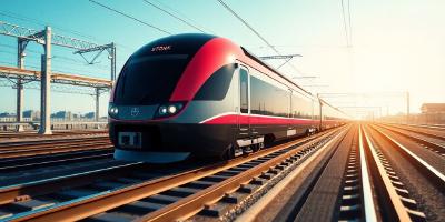 Futuristic train on modern tracks with advanced technology.