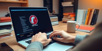 Developer coding on a laptop with Ruby on Rails logo.