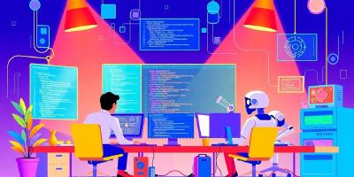 Illustration of AI tools in a modern coding workspace.