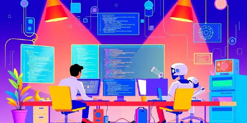 Illustration of AI tools in a modern coding workspace.
