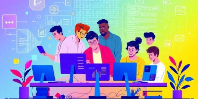 Developers collaborating on innovative software in a modern workspace.