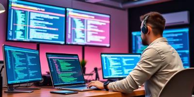 Developer at a desk with advanced software tools.