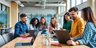 Startup team collaborating with technology in a modern workspace.